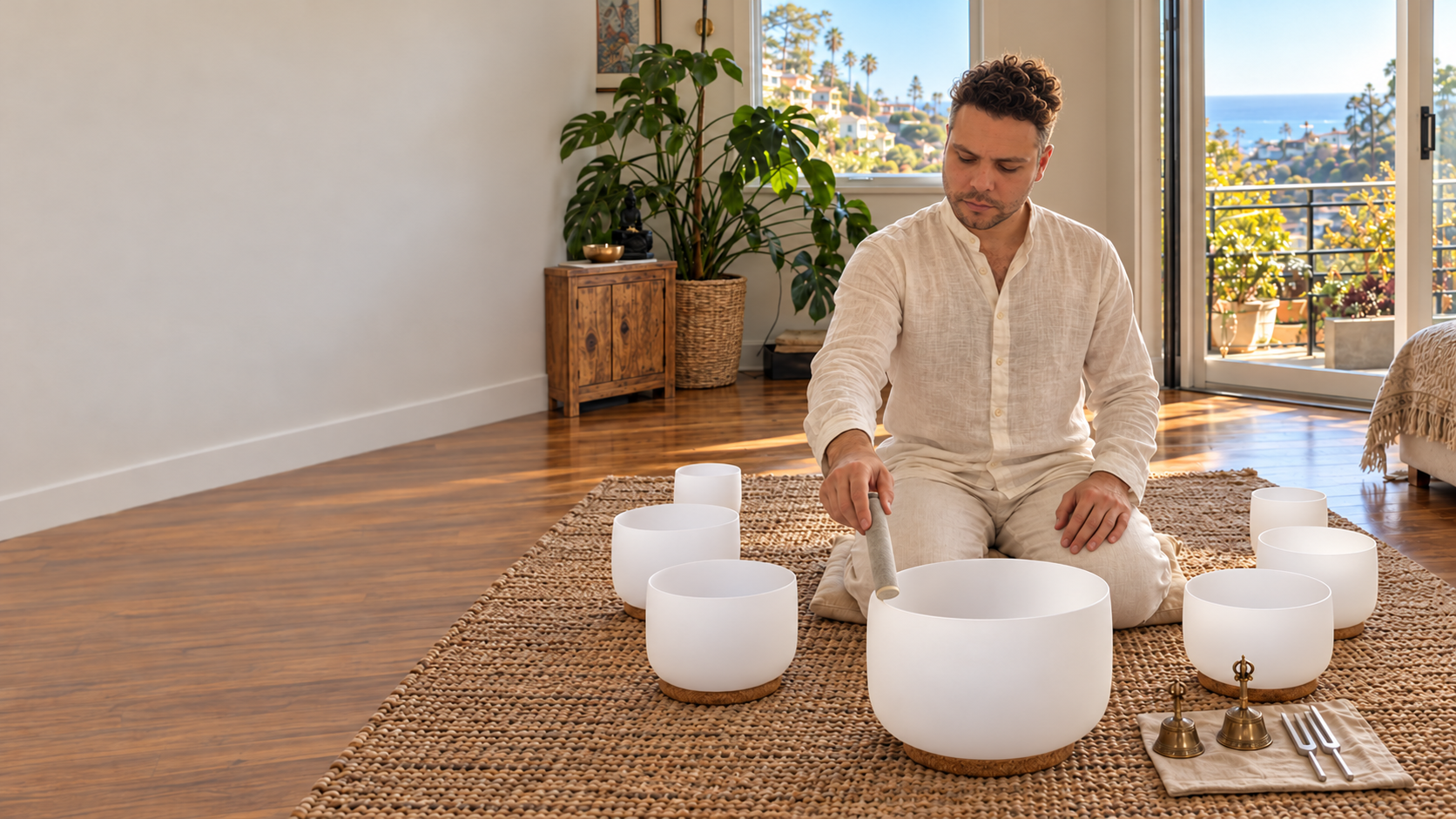 Mark Rhodes kneeling on a woven rug in a bright room with an ocean view, playing white frosted crystal singing bowls